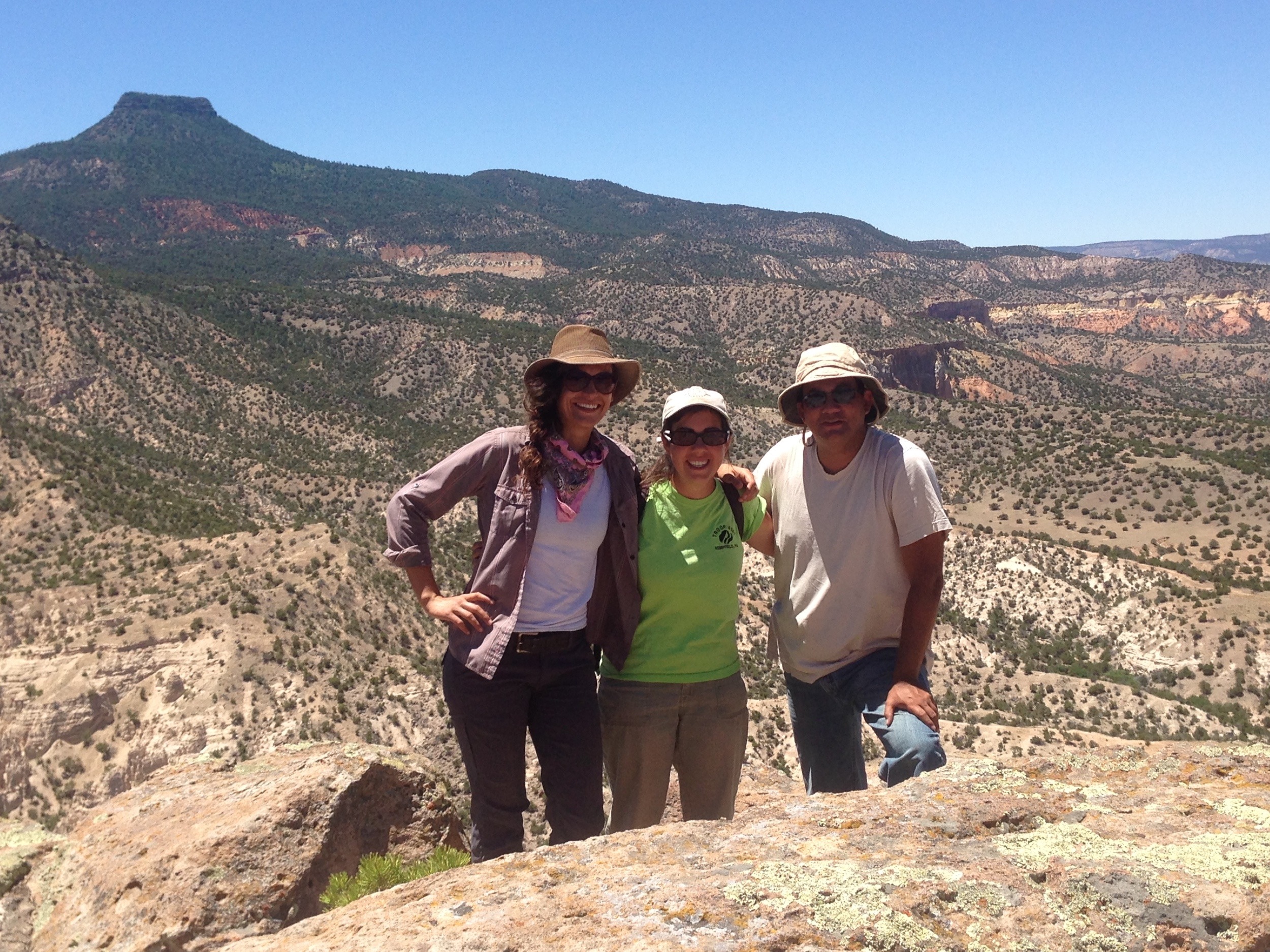 CU Boulder archaeology students Samantha Linford, Kaitlyn Davis and Patrick Cruz at an ancestral site in northern New Mexico.