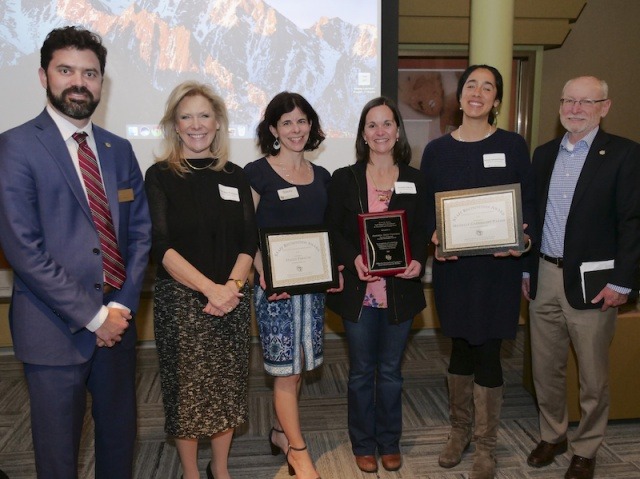 Office for Outreach and Engagement Director David Meens, Dean of Continuing Education Sara Thompson and Provost Russ Moore with 2018 award winners Stacey Forsyth, Amanda Giguere and Michelle Gabrieloff-Parish. Photo by Casey A. Cass
