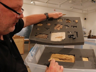 Hakala with kit containing real and cast fossils that he delivers to classrooms across Colorado. (Photo by Sue Postema Scheeres, CU Boulder)